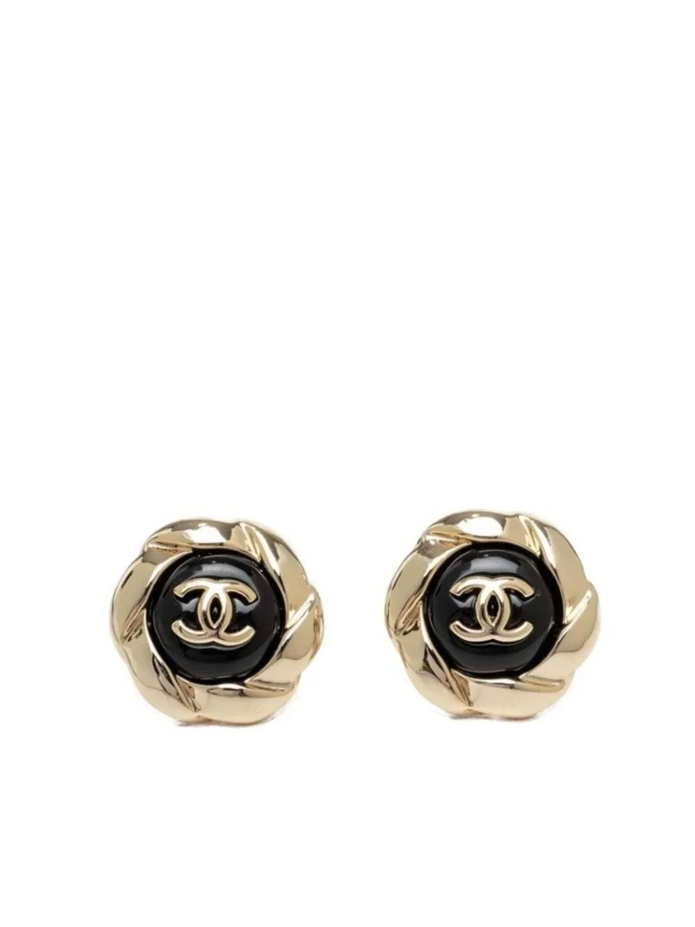 Chanel Vintage CC Logo Earrings Gold Black Plated